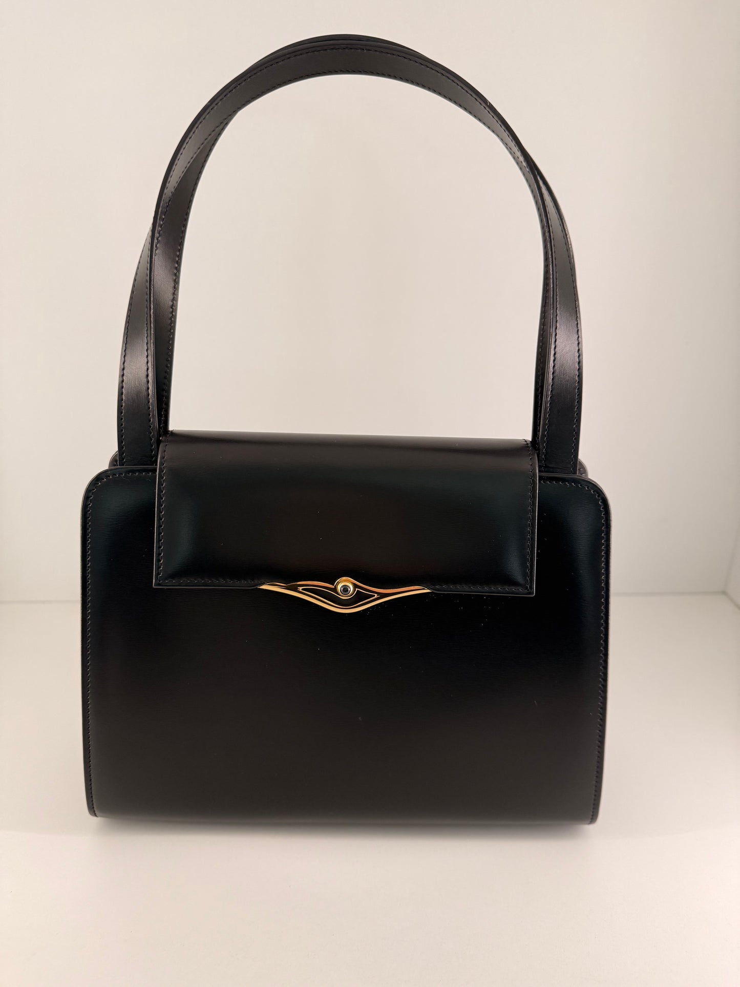 Vintage Cartier Sapphire Line Darkest Navy Calfskin Handbag w/ Genuine Sapphire
