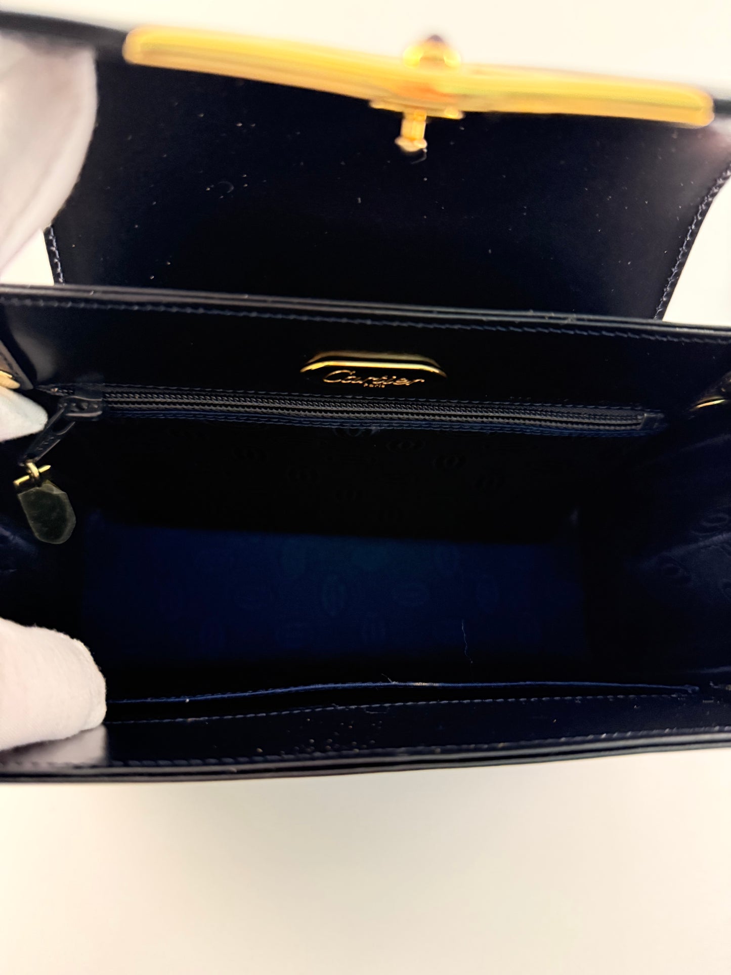 Vintage Cartier Sapphire Line Darkest Navy Calfskin Handbag w/ Genuine Sapphire
