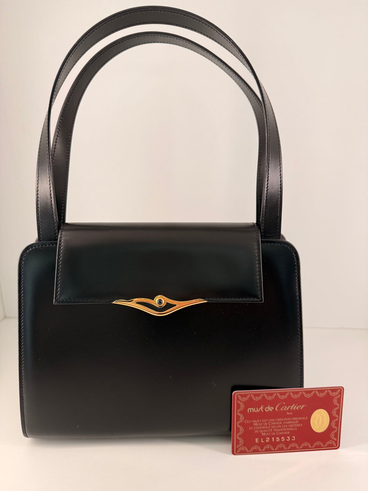 Vintage Cartier Sapphire Line Darkest Navy Calfskin Handbag w/ Genuine Sapphire