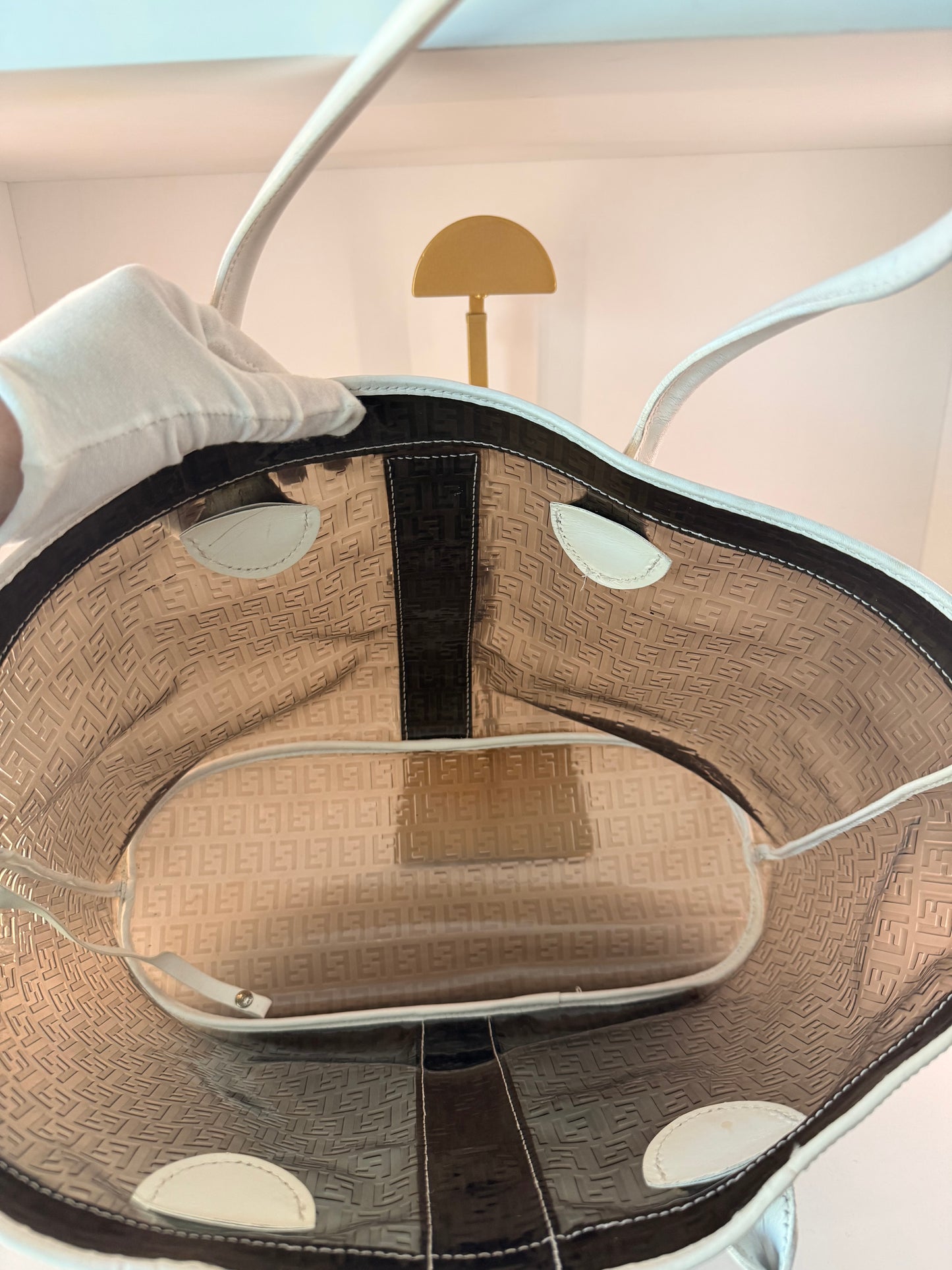 Rare Fendi Zucca White Leather w/ Silver Hardware and Brown PVC Transparent Shopper