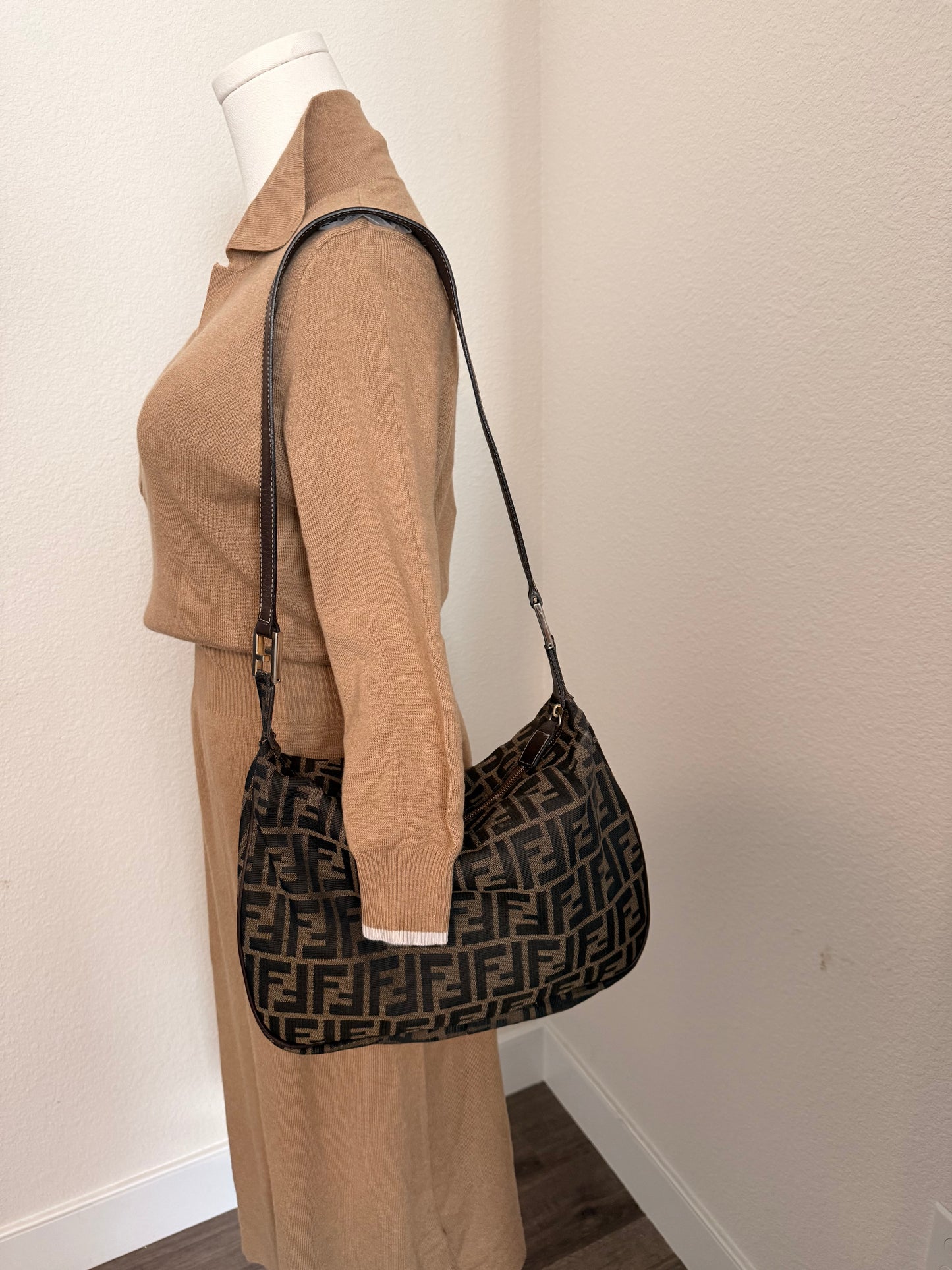 Fendi Large FF Hobo Silhouette Zip Shoulder Bag with Leather Strap