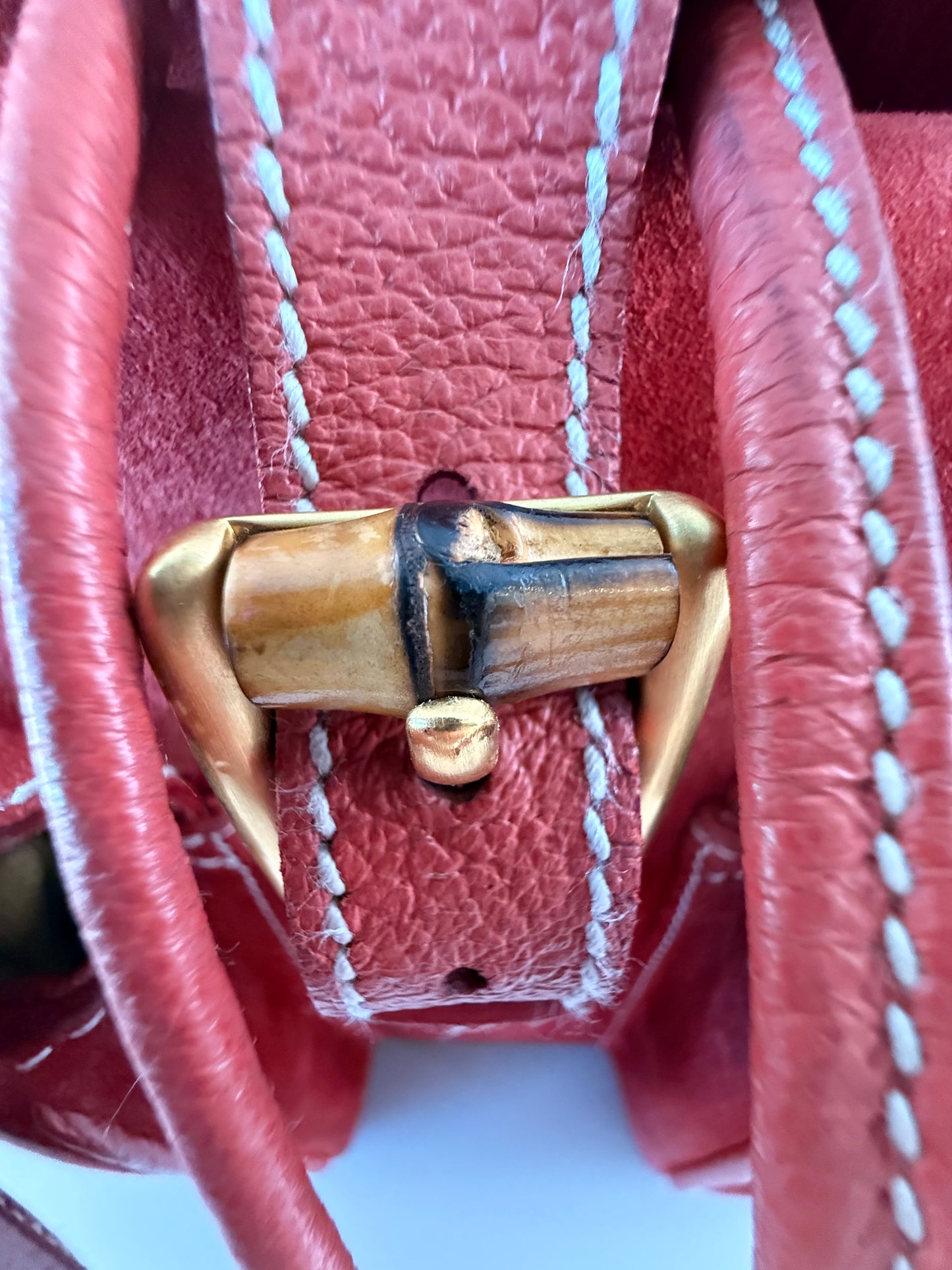 Gucci Red Leather/Suede Bamboo Backpack