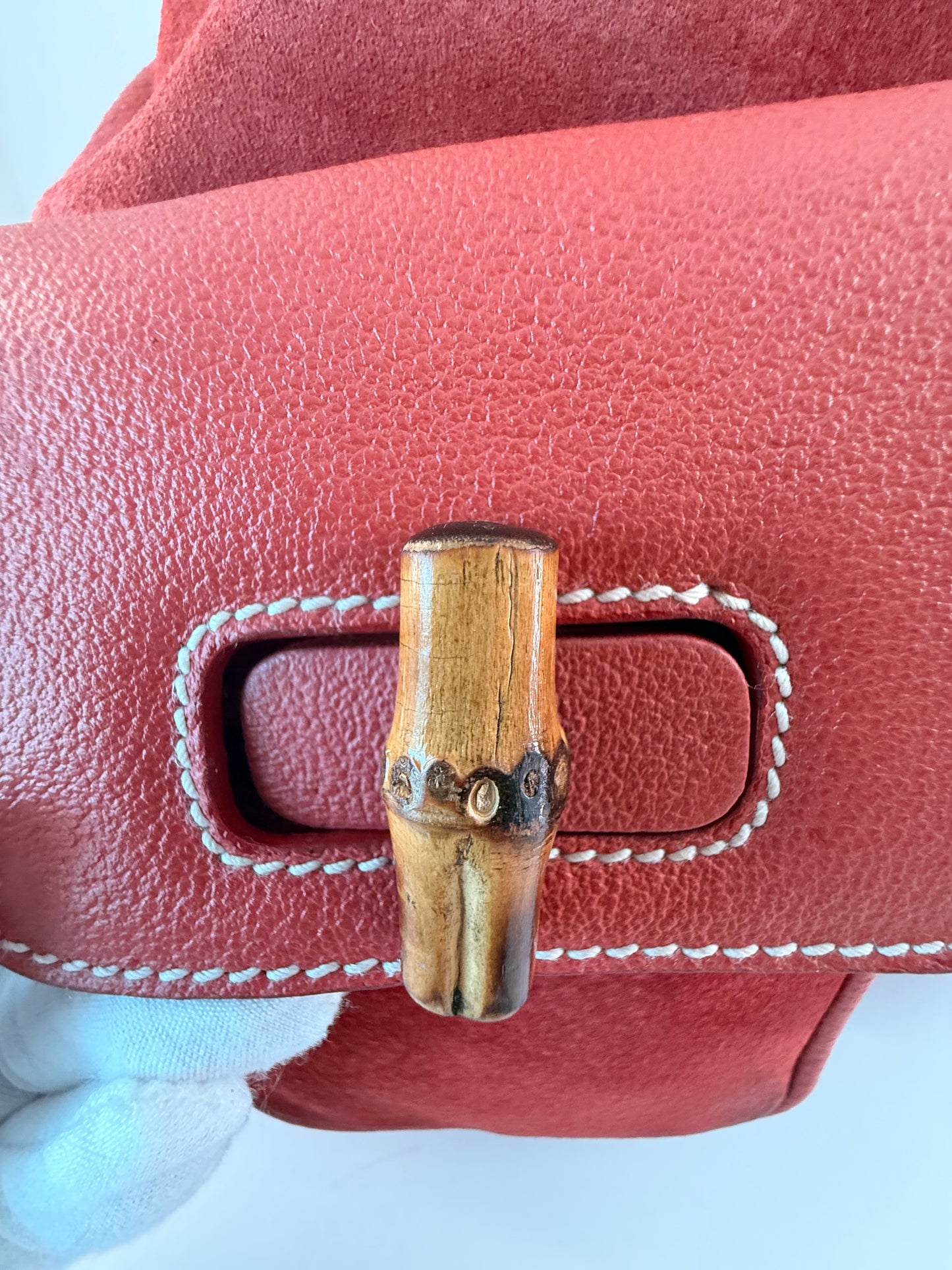 Gucci Red Leather/Suede Bamboo Backpack