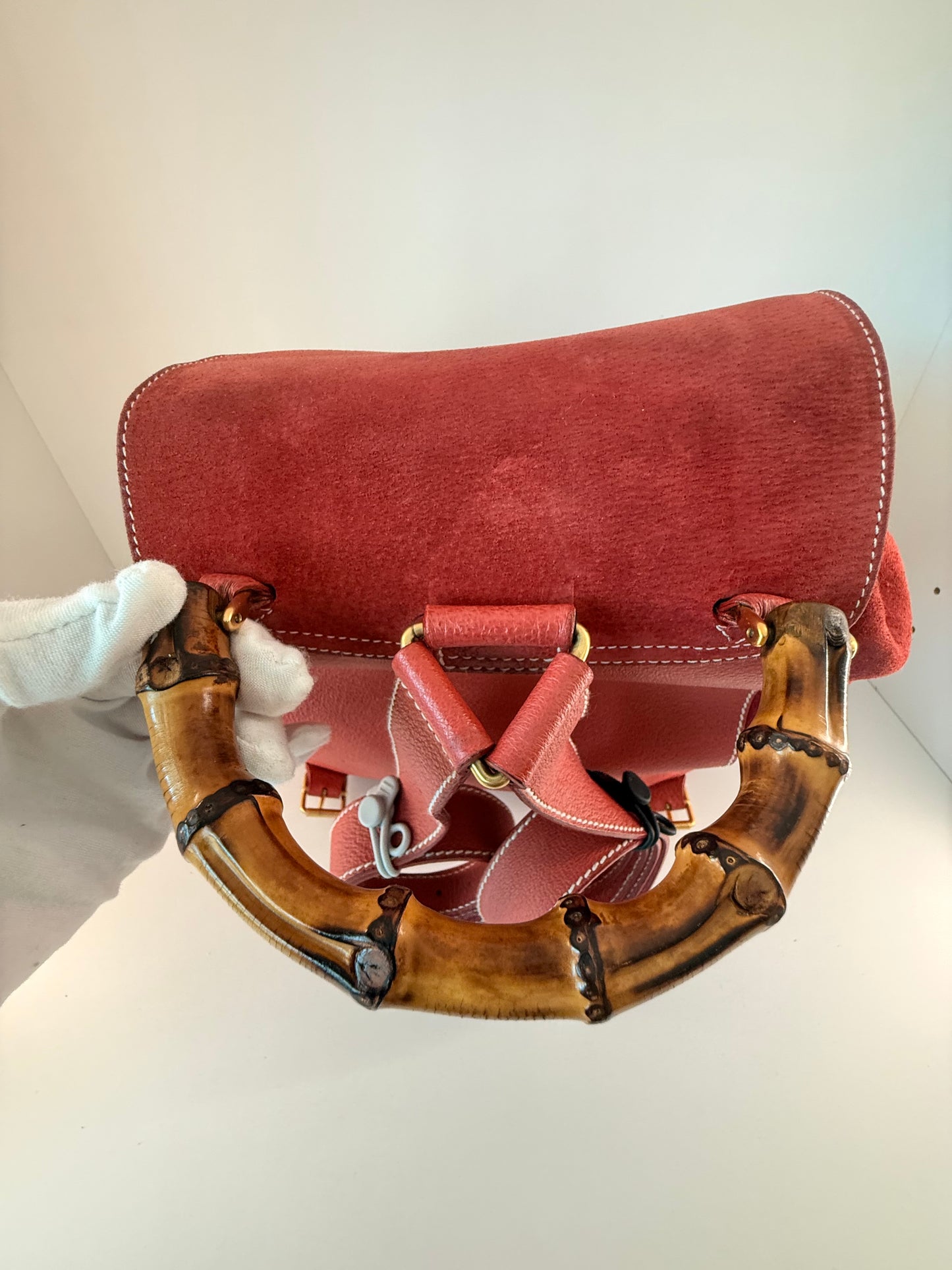 Gucci Red Leather/Suede Bamboo Backpack
