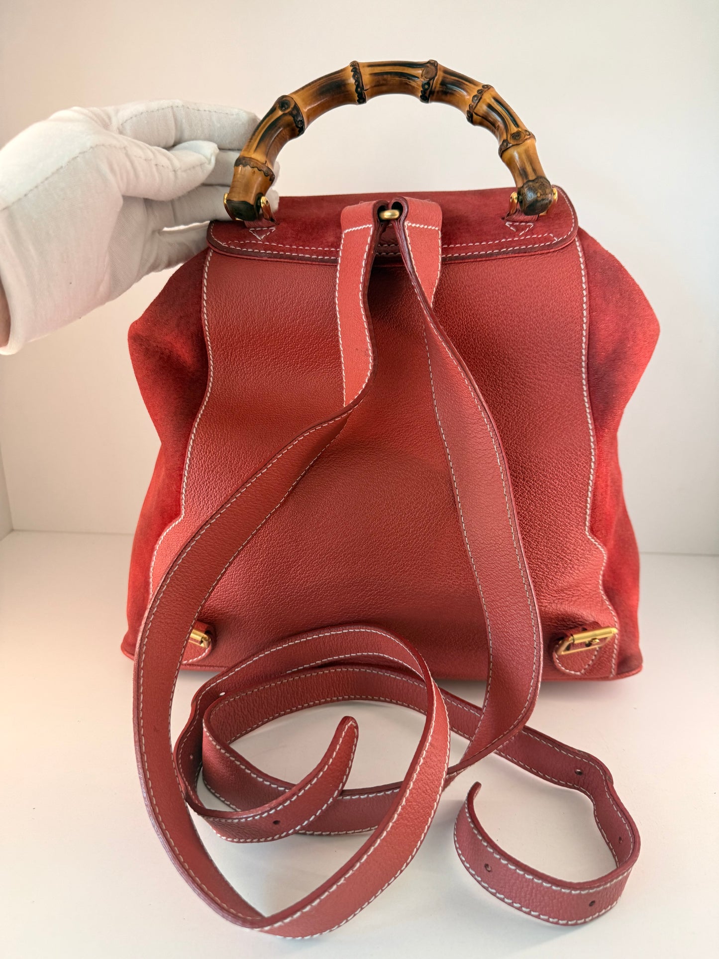 Gucci Red Leather/Suede Bamboo Backpack