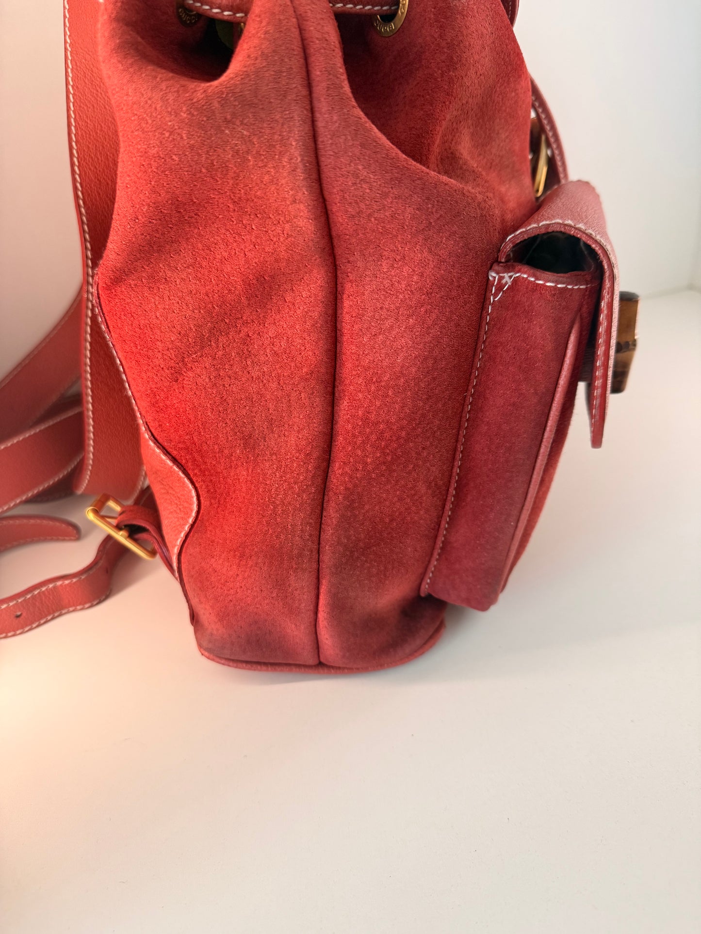 Gucci Red Leather/Suede Bamboo Backpack