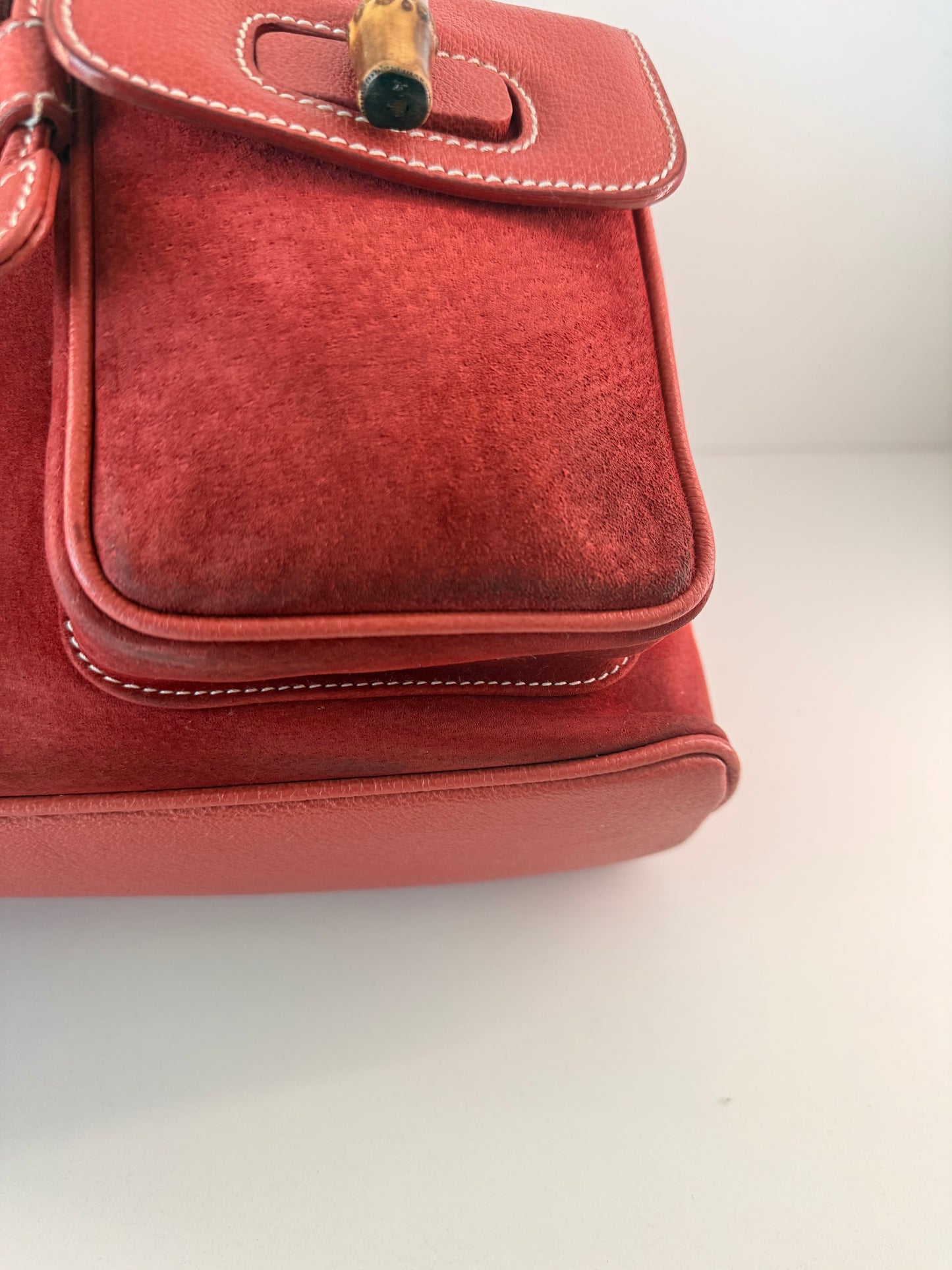 Gucci Red Leather/Suede Bamboo Backpack