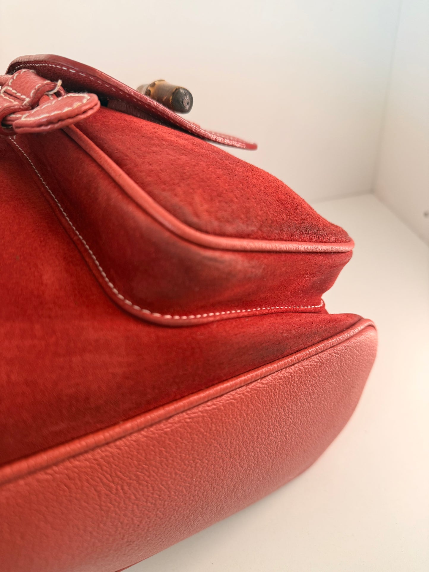 Gucci Red Leather/Suede Bamboo Backpack