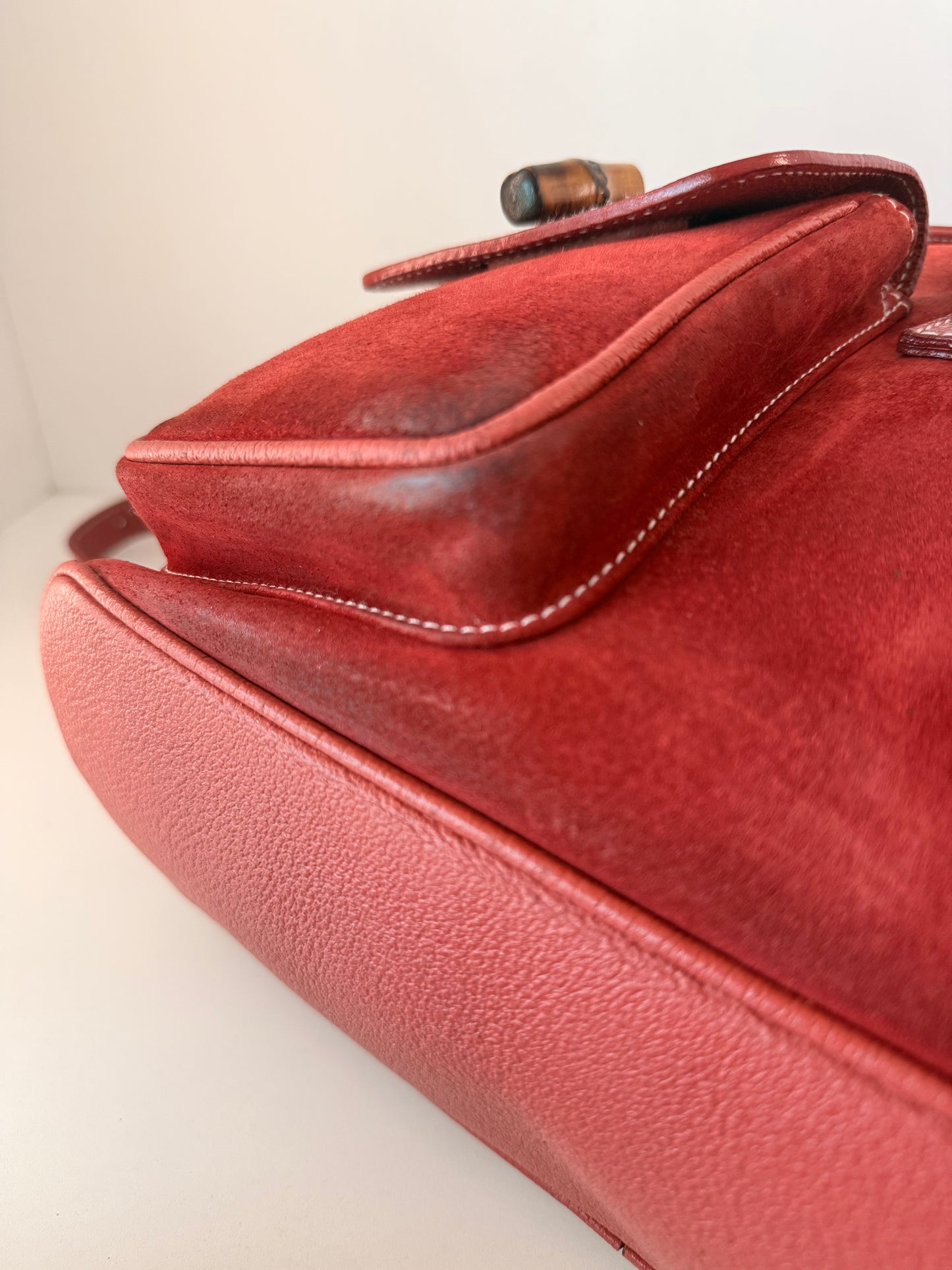 Gucci Red Leather/Suede Bamboo Backpack