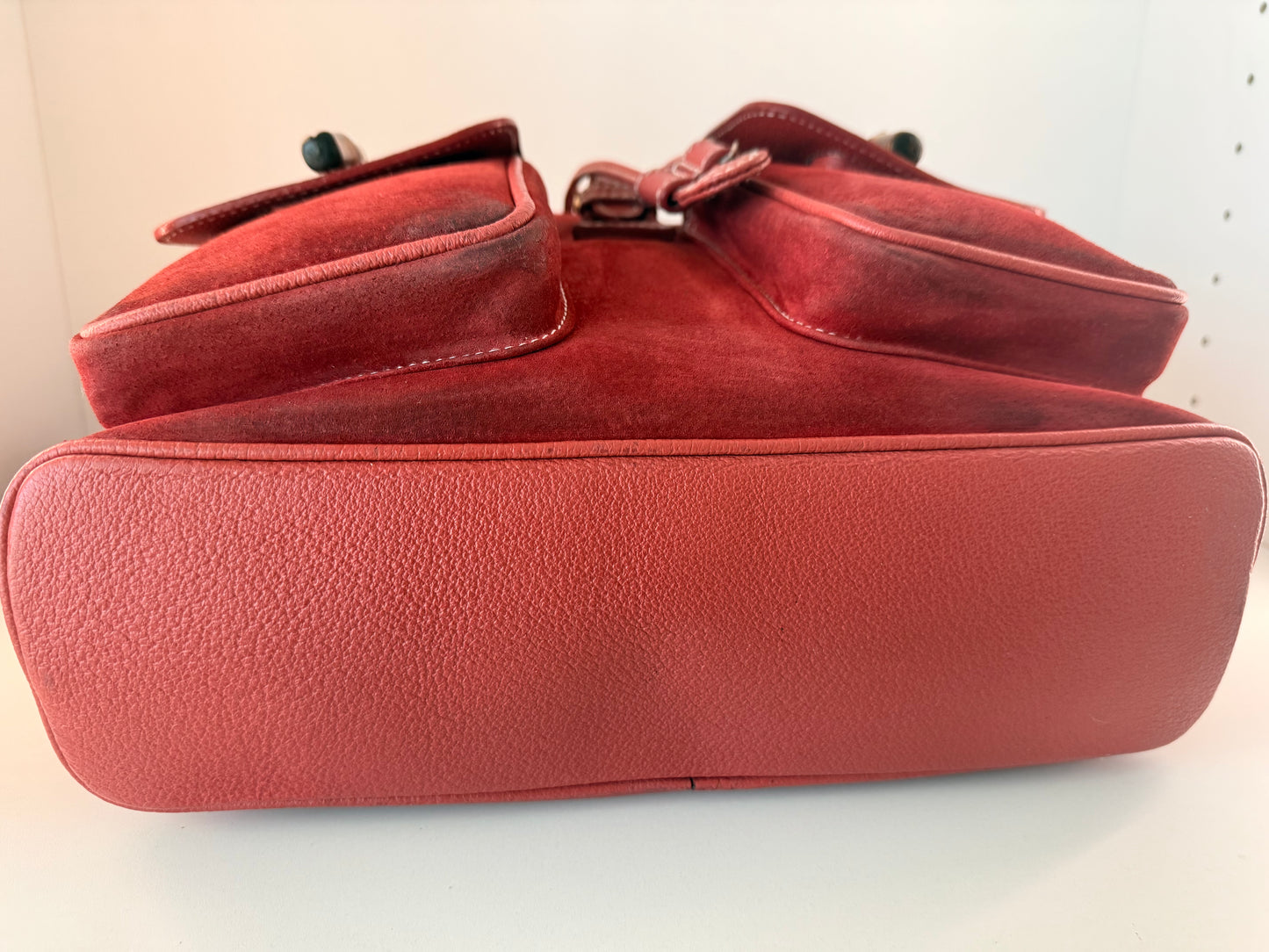 Gucci Red Leather/Suede Bamboo Backpack