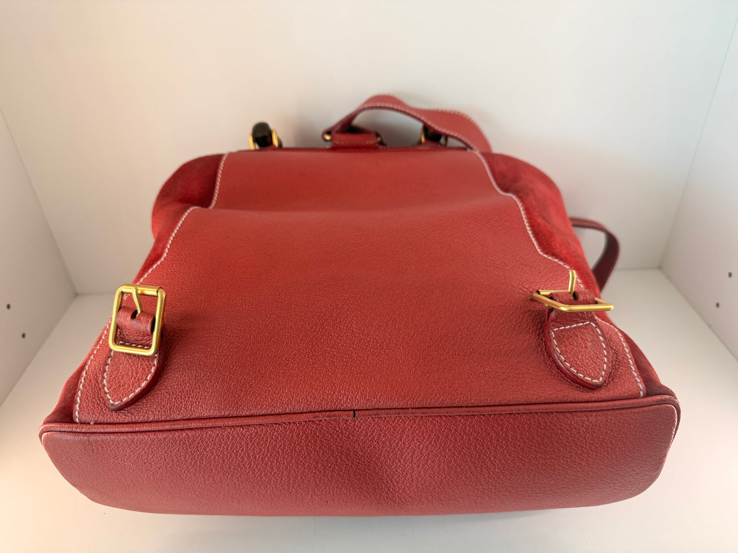 Gucci Red Leather/Suede Bamboo Backpack