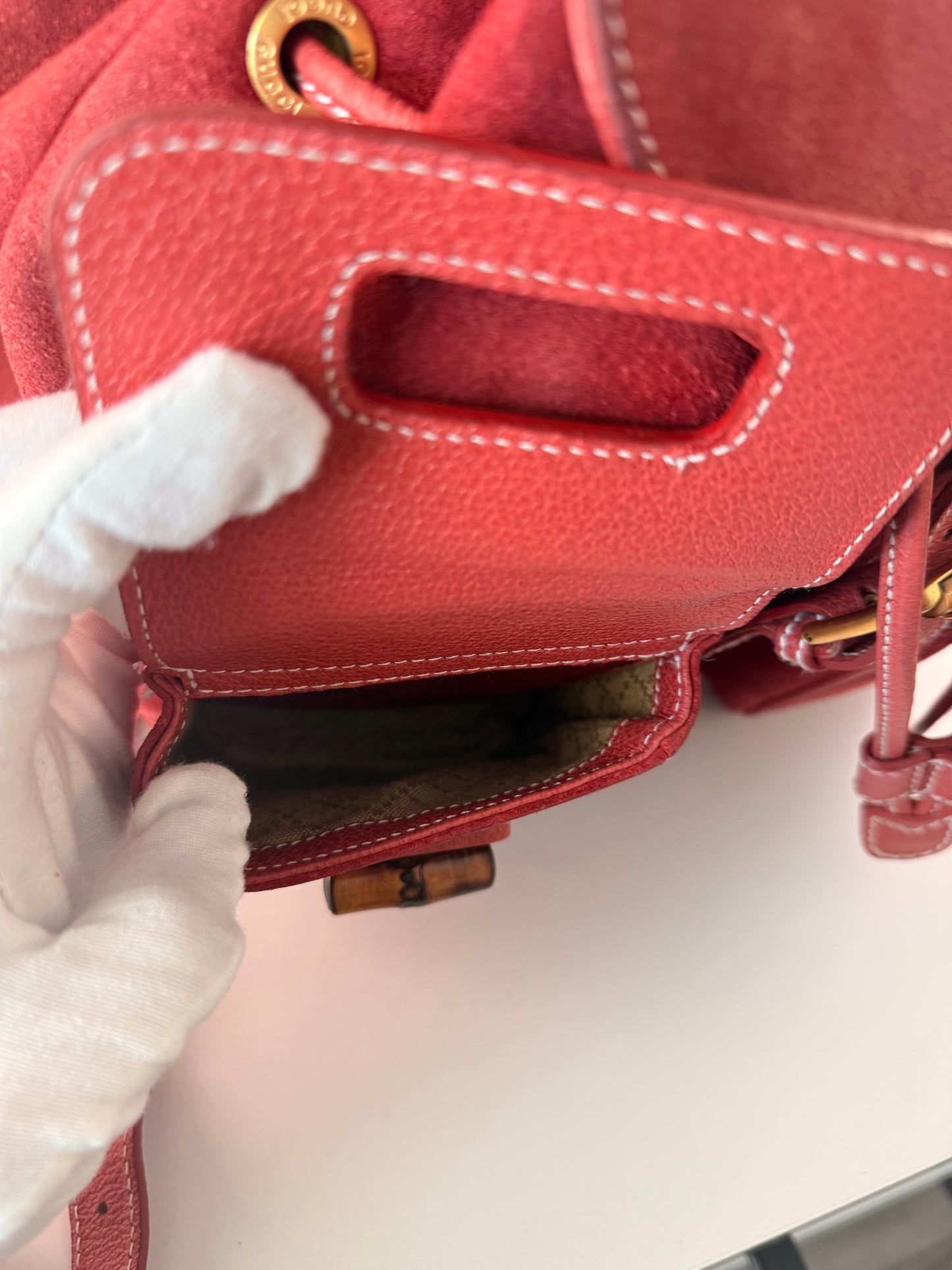 Gucci Red Leather/Suede Bamboo Backpack