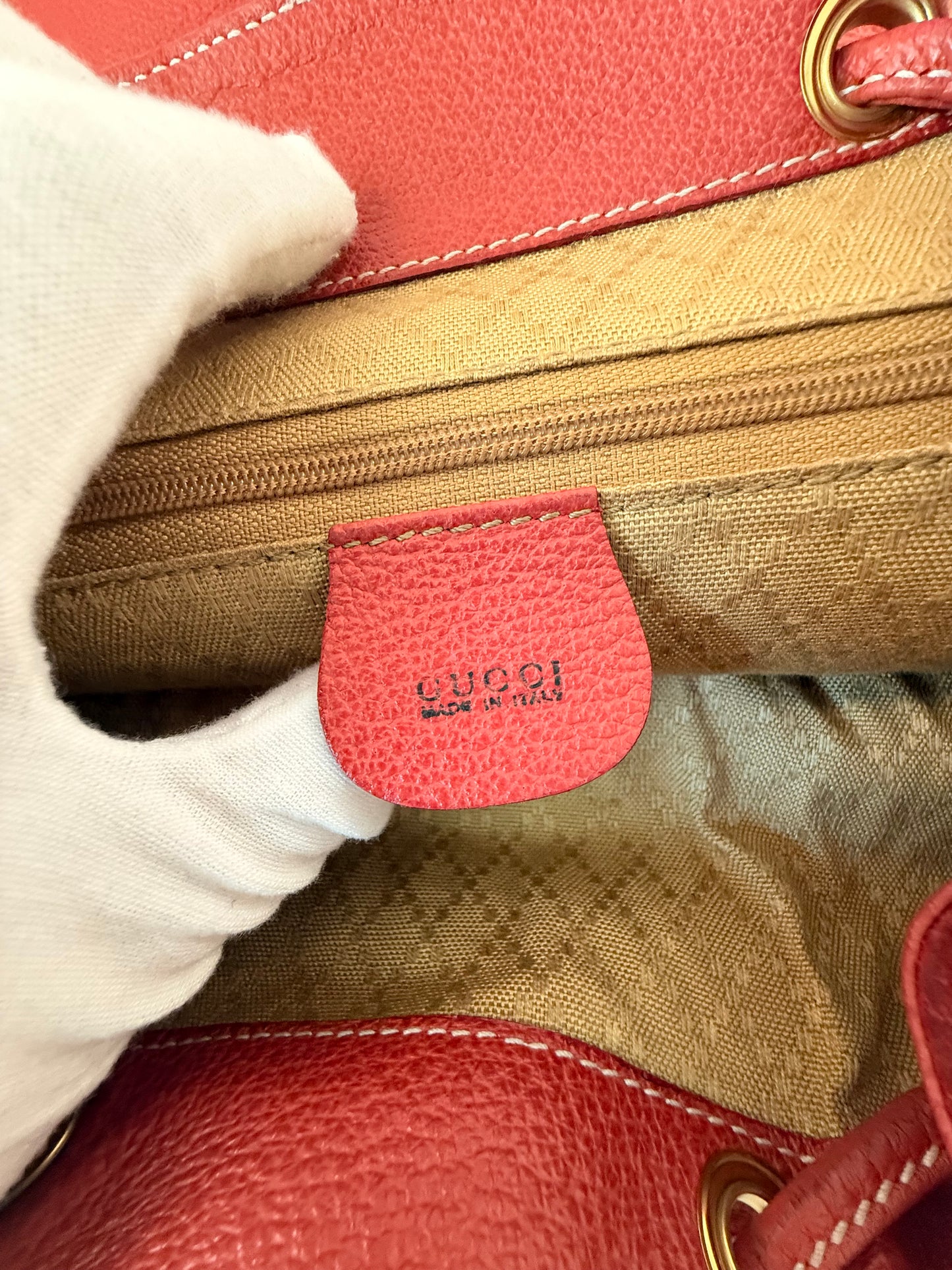 Gucci Red Leather/Suede Bamboo Backpack