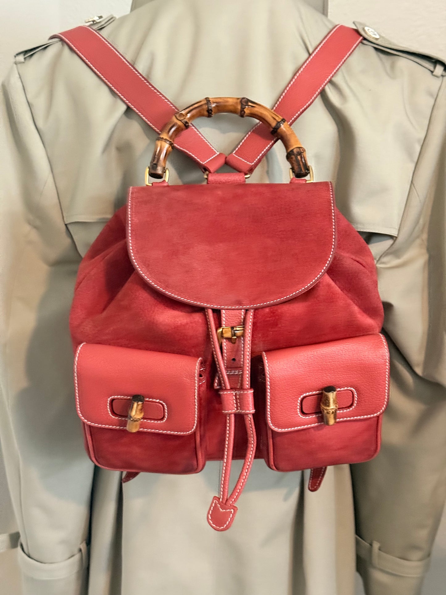 Gucci Red Leather/Suede Bamboo Backpack