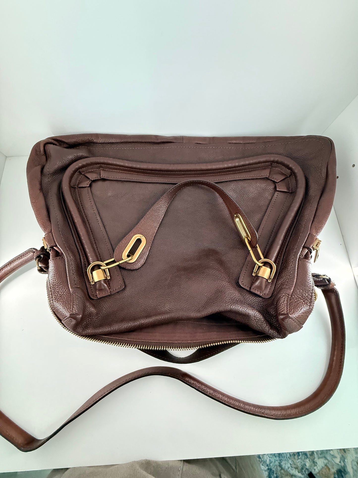 VINTAGE BOHO CHIC Chloe Paraty Brown Leather Two Way Bag w/ FANTASTIC Brass Hardware