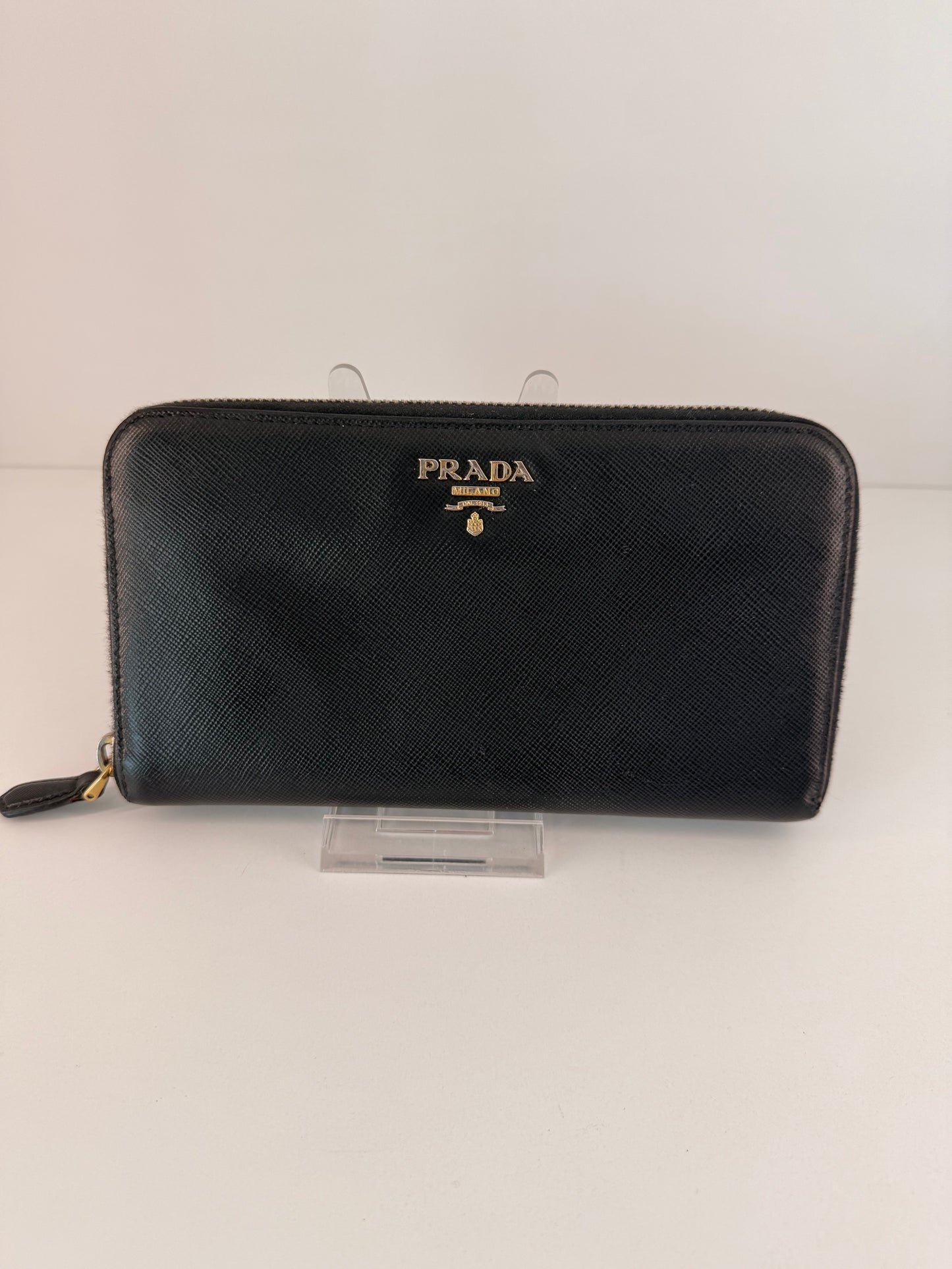 Prada Black Saffiano Leather Zip Around Wallet