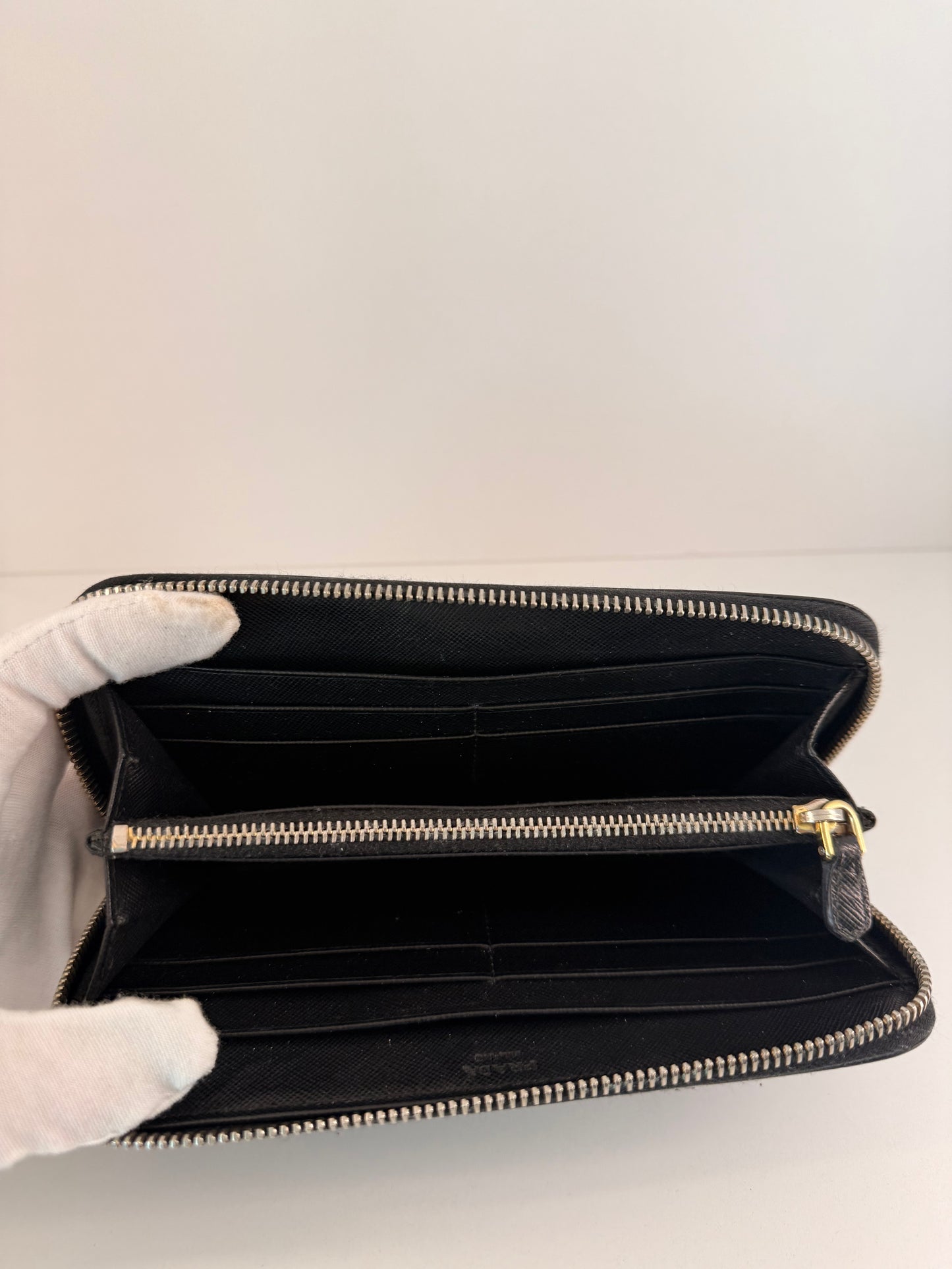 Prada Black Saffiano Leather Zip Around Wallet