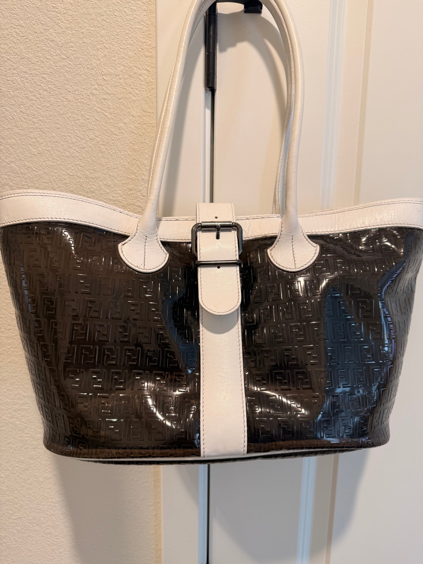 Rare Fendi Zucca White Leather w/ Silver Hardware and Brown PVC Transparent Shopper