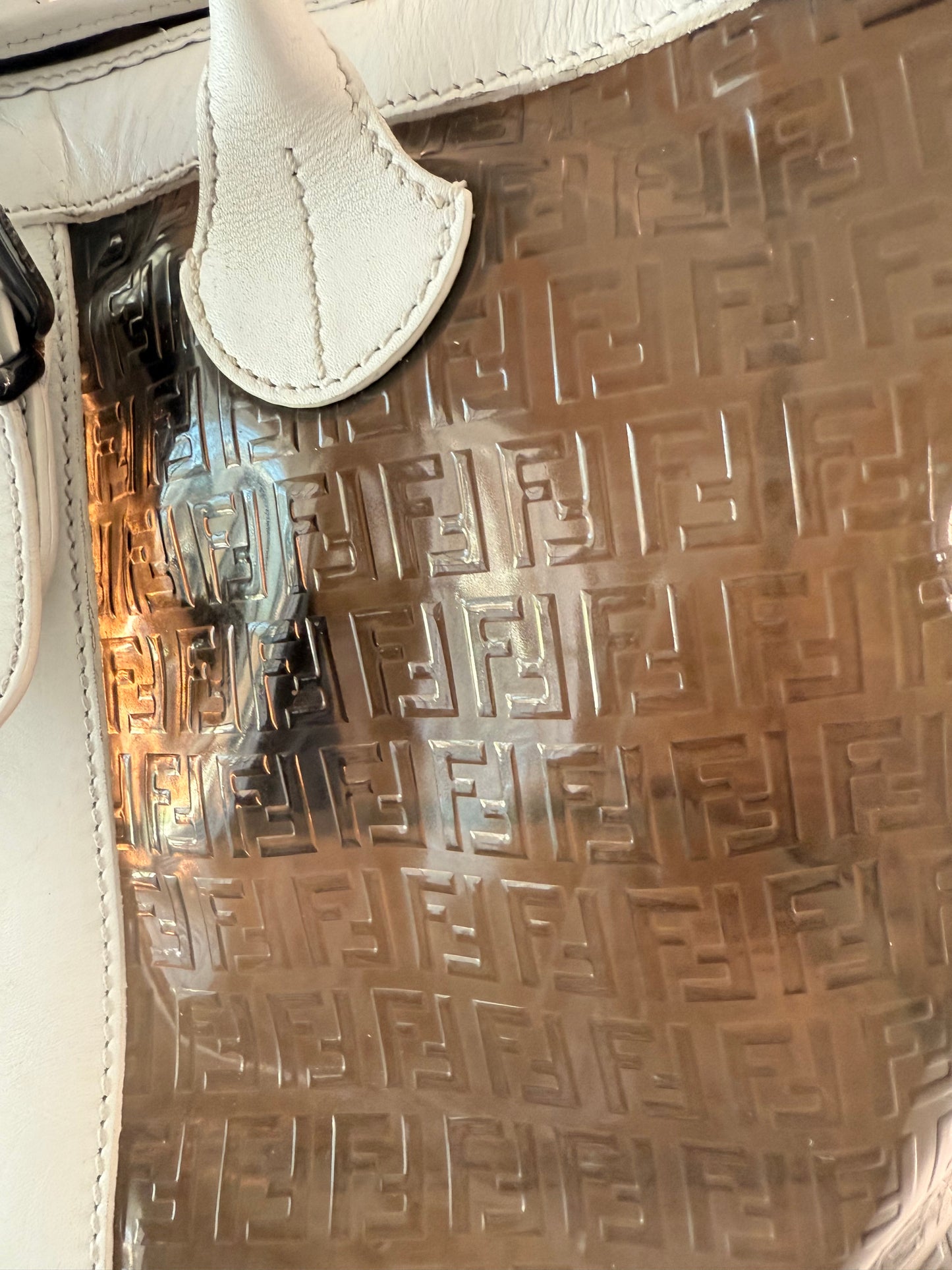 Rare Fendi Zucca White Leather w/ Silver Hardware and Brown PVC Transparent Shopper