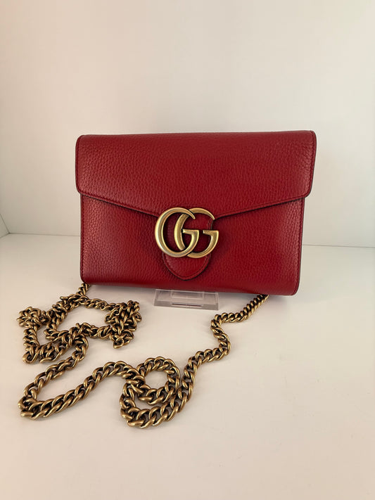 Authentic Gorgeous Red Gucci Marmont Wallet On Chain