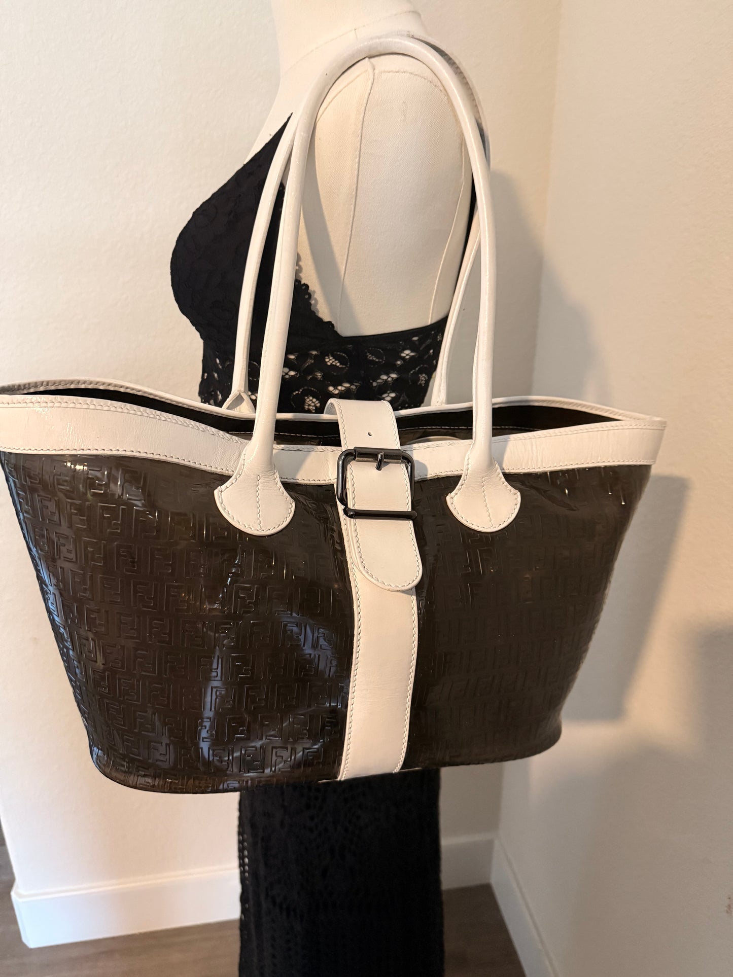 Rare Fendi Zucca White Leather w/ Silver Hardware and Brown PVC Transparent Shopper