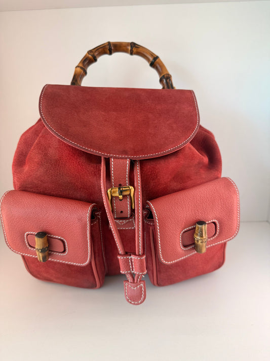 Gucci Red Leather/Suede Bamboo Backpack