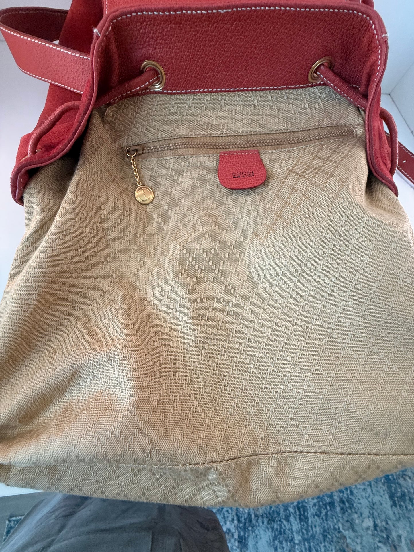 Gucci Red Leather/Suede Bamboo Backpack