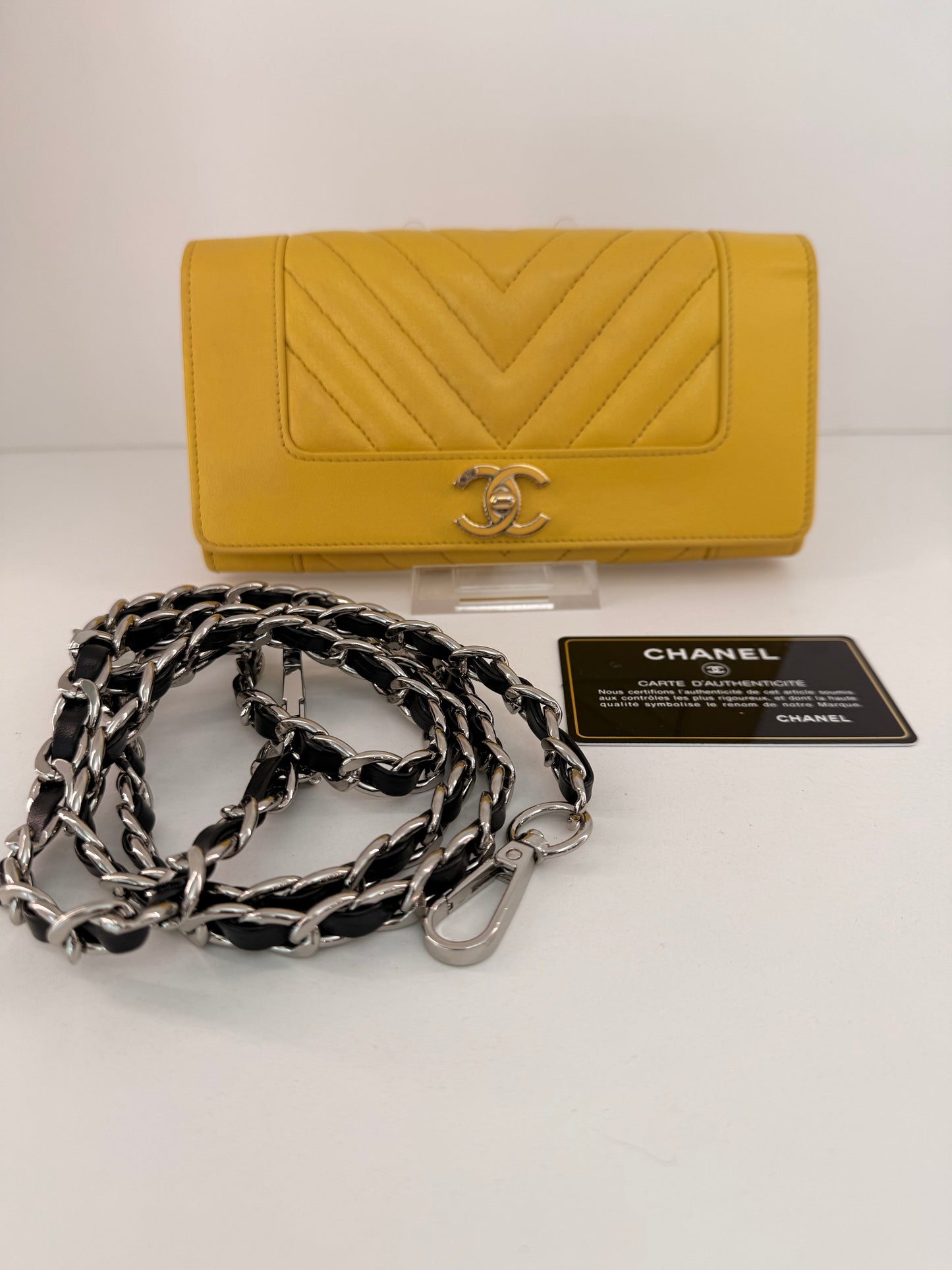 Chanel Yellow Wallet w/ Unbranded D-Rings and Crossbody Chain Strap to Wear As A WOC (Wallet on Chain)