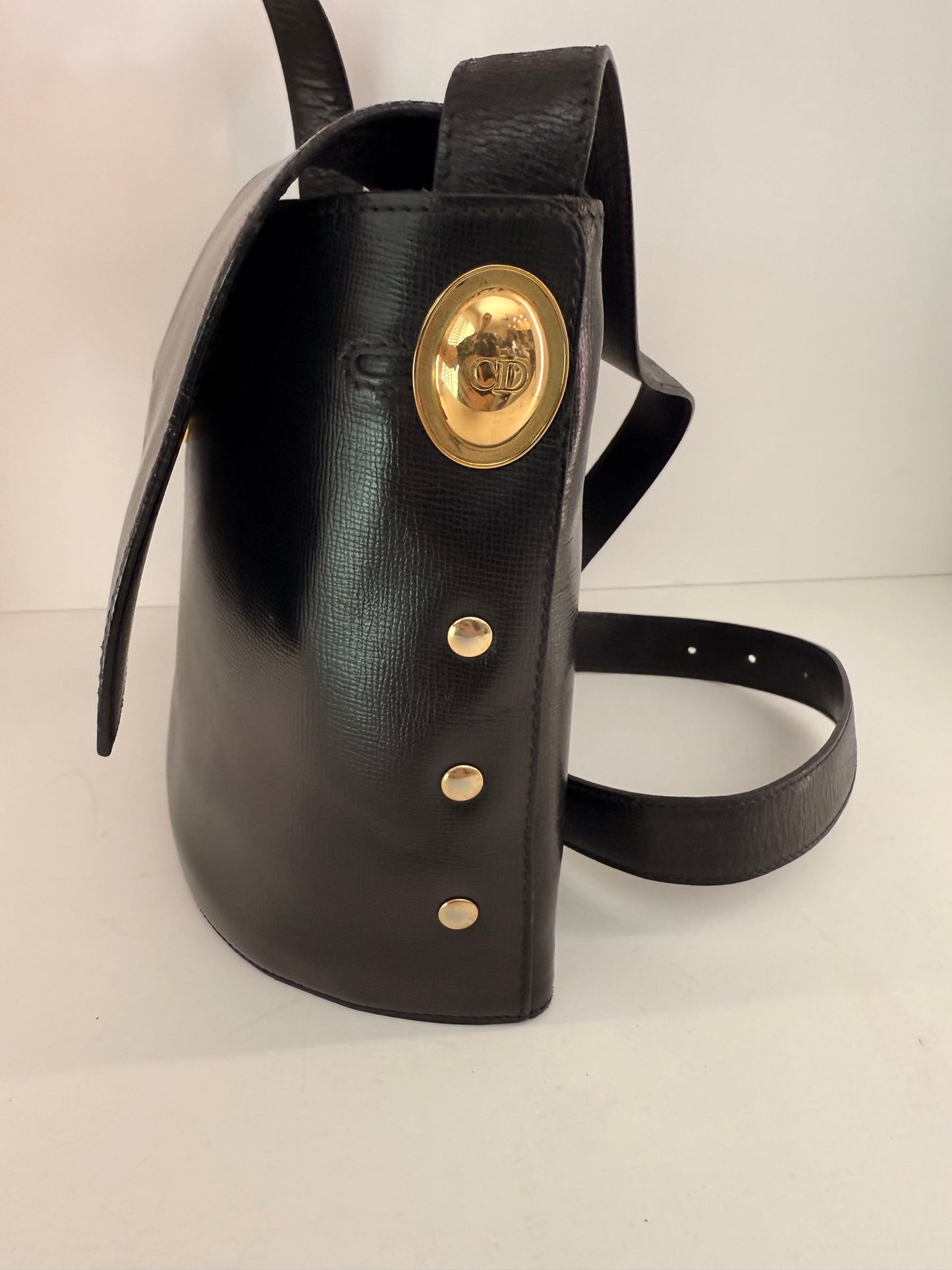 Christian Dior Black Leather Vintage Saddle Bag w/ Amazing Gold Hardware