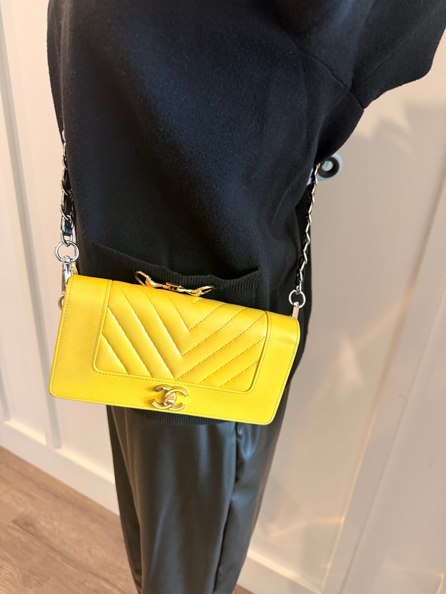 Chanel Yellow Wallet w/ Unbranded D-Rings and Crossbody Chain Strap to Wear As A WOC (Wallet on Chain)