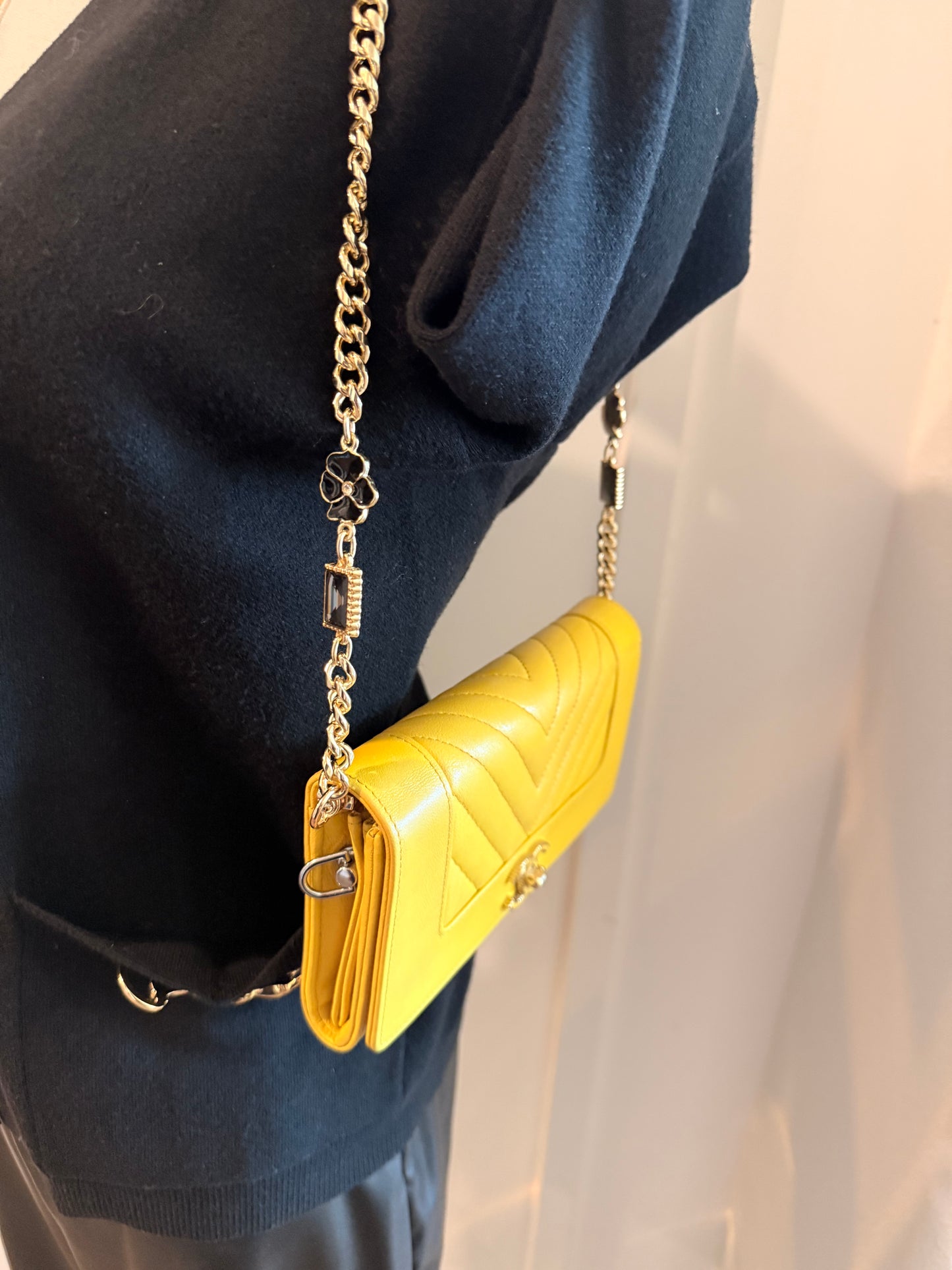 Chanel Yellow Wallet w/ Unbranded D-Rings and Crossbody Chain Strap to Wear As A WOC (Wallet on Chain)