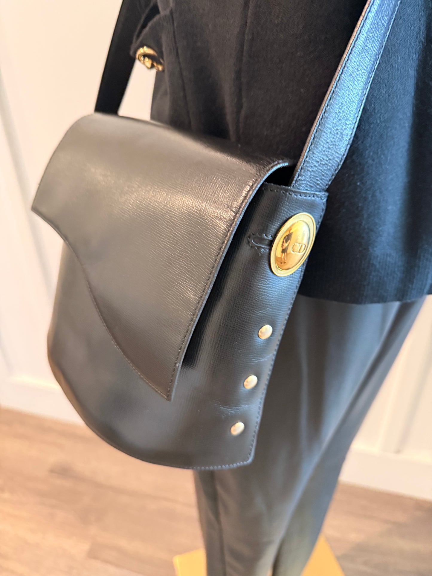 Christian Dior Black Leather Vintage Saddle Bag w/ Amazing Gold Hardware